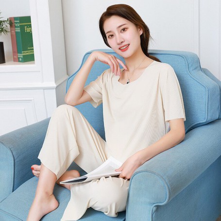 Ladies Short Sleeve Trouser Homewear Women's Suit Pajamas Room Wear Solid Color Cool Fashion Loose Wide Leg Pants Women Pijama