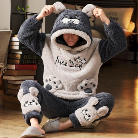 Plus Size Long Sleeve Hooded Thick Warm Flannel Pajama Sets For Men Cute Cartoon Sleepwear Suit Pyjama Male Homewear
