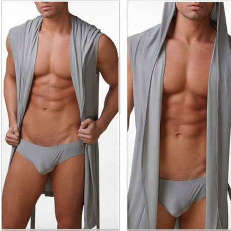 Men's Bathrobes Sleeveless Silky Pajamas Hooded Robes Bathrobes Ultra Thin Comfortable Homewear