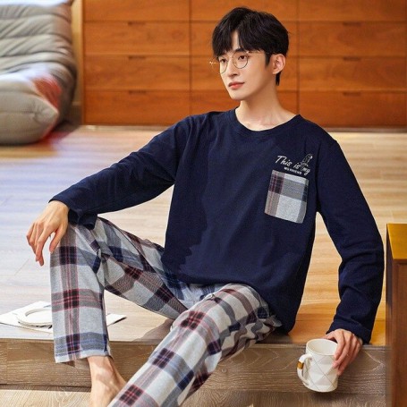 Korean Fashion Cotton Mens Pijamas Set 2 Pieces Set Sleepwear Man Nightwear Casual Home Suit Pjs Guy Loungewear hombres