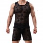 Mens Hollow Underwear Sexy See-through Mesh Loose Home Men Singlet Boxershorts Sets Male Five-point Panties Breathable Homewear