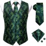 Hi-Tie Silk Mens Suit Vests Green Floral 4PC Woven Waistcoat Tie Pocket Square Cufflinks Set Business Wedding Dress Waist Jacket