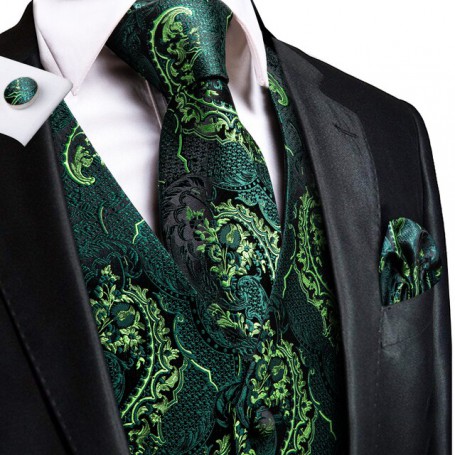 Hi-Tie Silk Mens Suit Vests Green Floral 4PC Woven Waistcoat Tie Pocket Square Cufflinks Set Business Wedding Dress Waist Jacket