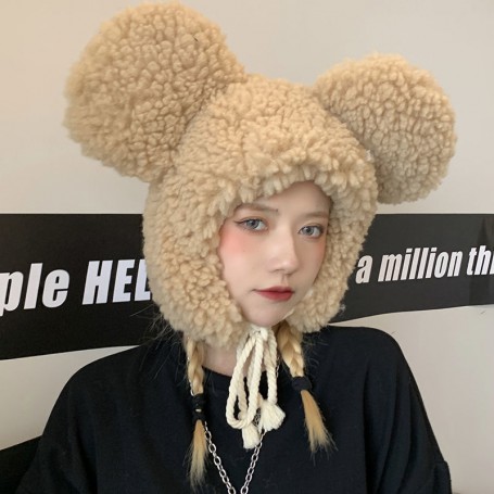 Kawaii big-eared bear hat lamb wool sweet plush ear hat suitable for sending friends and family birthday dresses for cold