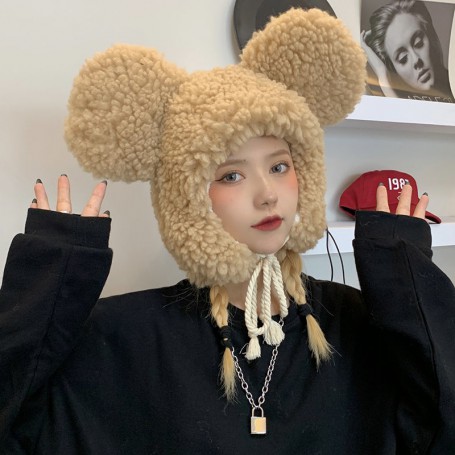 Kawaii big-eared bear hat lamb wool sweet plush ear hat suitable for sending friends and family birthday dresses for cold