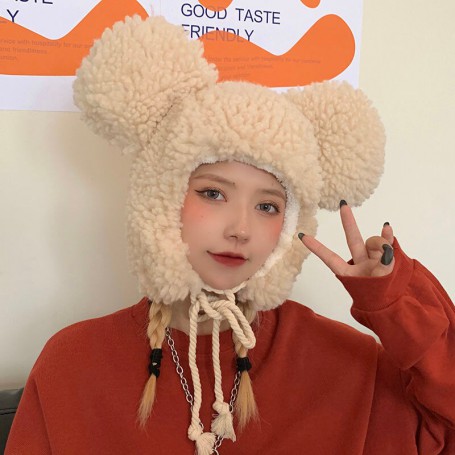 Kawaii big-eared bear hat lamb wool sweet plush ear hat suitable for sending friends and family birthday dresses for cold