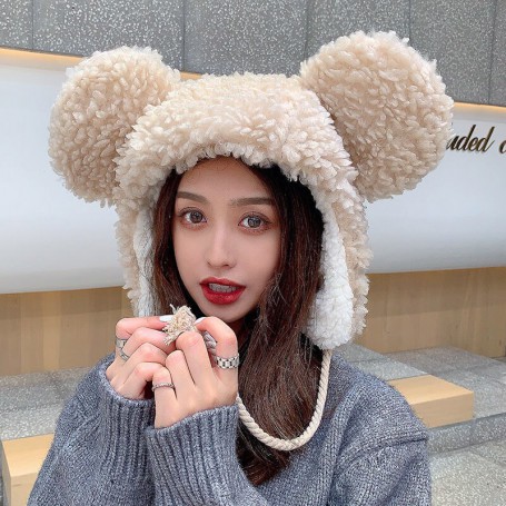 Kawaii big-eared bear hat lamb wool sweet plush ear hat suitable for sending friends and family birthday dresses for cold