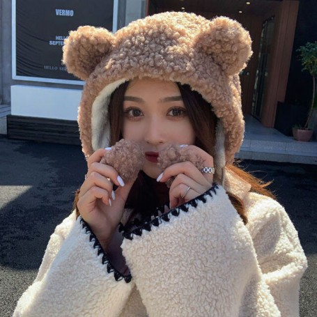 Kawaii big-eared bear hat lamb wool sweet plush ear hat suitable for sending friends and family birthday dresses for cold
