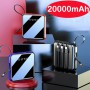 20000mAh Mini Power Bank Built in 4 Cables Portable Charger Mirror Screen LED Display Powerbank External Battery Pack Power Bank