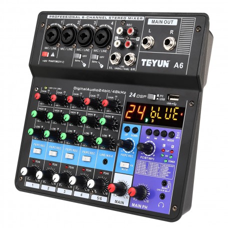 Portable 6 Channel Mixer Audio Professional Sound Mixing Console USB Interface Computer Input 48V Phantom Stage Audio Recording