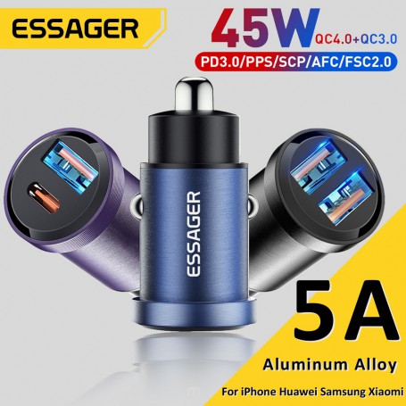 Essager 30W USB Car Charger Quick Charge4.0 QC PD 3.0 SCP 5A USB Type C Car Fast Charging For iPhone 12 13 Huawei Samsung Xiaomi