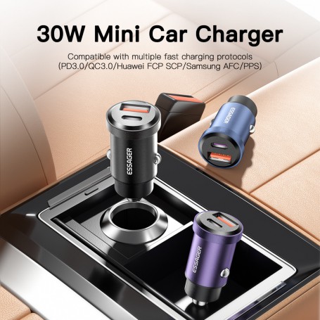 Essager 30W USB Car Charger Quick Charge4.0 QC PD 3.0 SCP 5A USB Type C Car Fast Charging For iPhone 12 13 Huawei Samsung Xiaomi