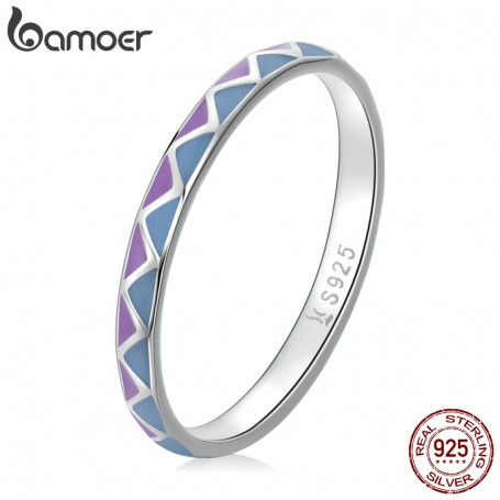BAMOER New 925 Sterling Silver Simple Contrast-Color Ring Size 6 7 8 for Women Violet Bohemian Style Ring Fine Jewelry Anillo