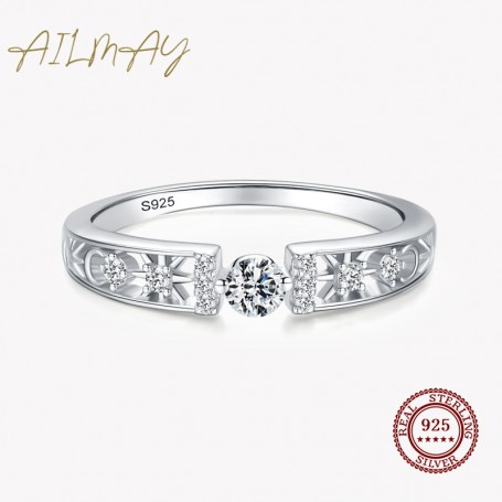 Real 925 Sterling Silver Line Clear CZ Finger Rings Geometric Line Rings For Women Classic Wedding Statement Jewelry