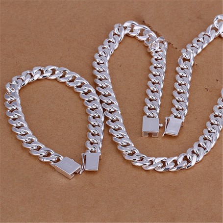 Hot charm 925 sterling Silver Bracelets necklace Jewelry set for men classic 10MM Square Chain 20/22/24 inch Fashion Party Gift