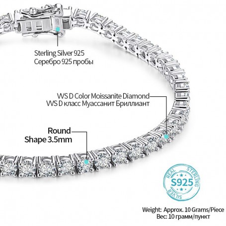ATTAGEMS 4.0mm 5.0mm D Color Pass Diamond Tester GRC Round Cut White Gold Plated 925 Silver Moissanite Tennis Bracelet for Women