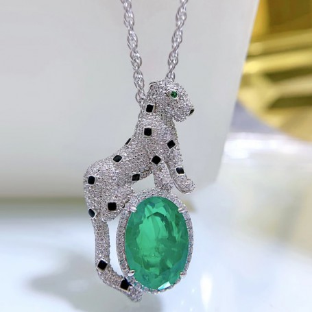 OEVAS 100% 925 Sterling Silver Sparkling Leopard 10*14mm Synthetic Emerald Pendant Necklaces For Women Party Fine Jewelry Gifts