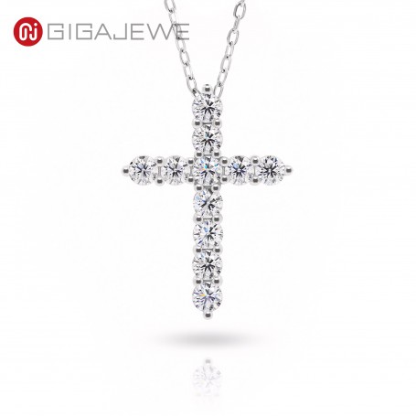 GIGAJEWE Total 1.1ct 3mmX11 Round Cut D VVS1 Moissanite 925 Silver Christian Religious Cross Pendant Necklace Woman Girl Gift