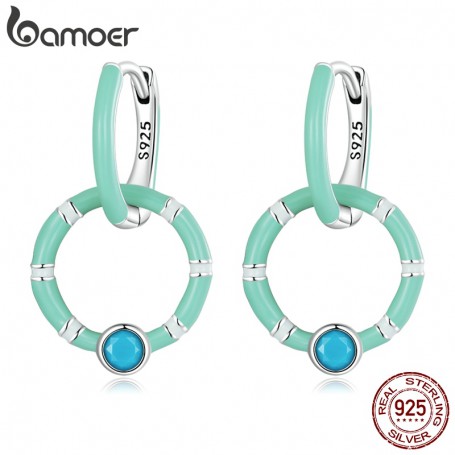 Bamoer Fashion 925 Sterling Silver Turquoise Double Ring Hoop Earrings for Women Summer Beach Party Earrings Fine Jewelry Gift