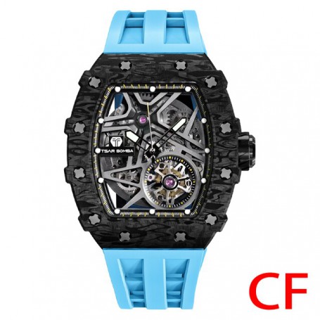 TSAR BOMBA Mens Automatic Watch Water Resistant Carbon Fiber WristWatch Luxury Skeleton Clock Tonneau Mechanical Watch for Men