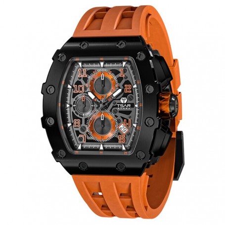 Mens Watch TSAR BOMBA Stainless Steel Wristwatch Luxury Sport Chronograph Tonneau Design 50M Waterproof Relogio Masculino