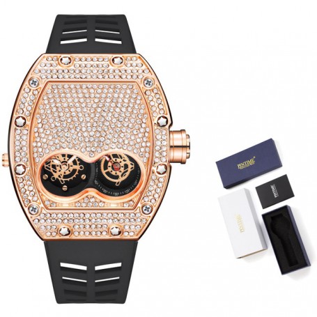 PINTIME 2022 Men Fashion Diamond Watch Bling-ed Iced Out Case Silicone Yellow Strap Luxury Quartz Wrist Watches For Mens Montre