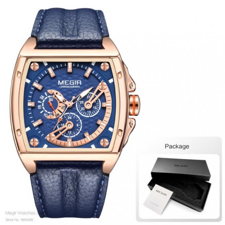MEGIR Fashion Watch for Men Leather Strap Casual Quartz Watches Date Week 24 Hours Tonneau Dial Waterproof Luminous Wristwatch