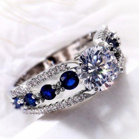 New Fashion Trend Mosaic Full Blue Zircon Ring Men and Women Light Luxury Couple Ring Jewelry Gift