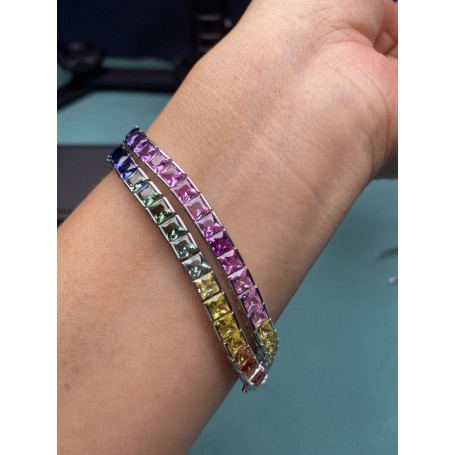 Pirmiana Hot Sale 4x4mm Square Rainbow Sapphire Bracelet Created Gemstone S925 Silver Fashion Jewelry for Christmas Party Gifts