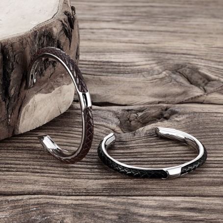 Bracelet Charm Male Hand Woven Leather Black High Quality Metal Stainless Steel Bracelets & Bangles for Men Wrist Strap Gift