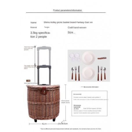 Hand Pull Rod Type Picnic Basket Multi-Function Roller Rattan Woven Insulator Basket with Tableware Storage  Picnic Props