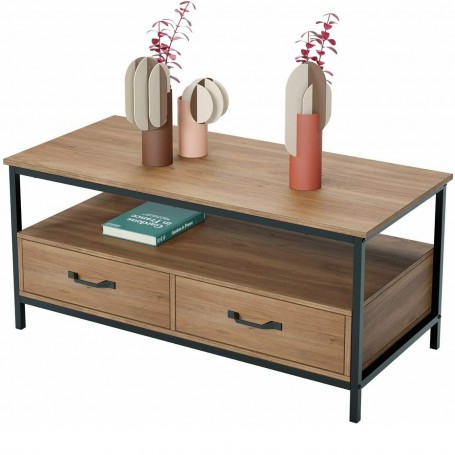 Coffee Table with 2 Drawers 2-Tier Storage Shelf Industrial Livingroom Tea Table Storage Retro Table Brown