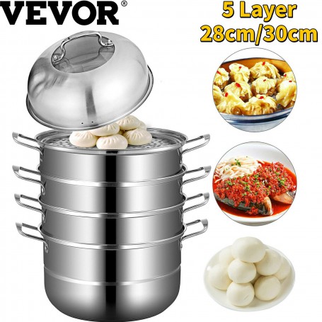 VEVOR 5 Layer Food Steamer 28cm 30cm Stainless Steel Stock Pot for Home Steaming Dumplings Vegetables Rice Cooking Steamed Dish