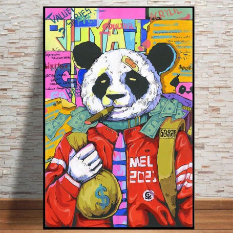 Wall Art Yellow Blue Interesting Panda Funny Face Smoking ArtPoster Money Bag Inspirational Street Canvas Painting Home Decor