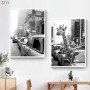 Black and White Travel Landcape Posters Alpaca Giraffe In A Texi Canvas Painting New York Street Photography Pictures Home Decor