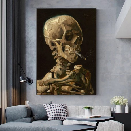 Vincent Van Gogh Skull Burning Cigarette Old Art Canvas Painting Wall Poster and Prints for Living Room Home Pictures Decoration