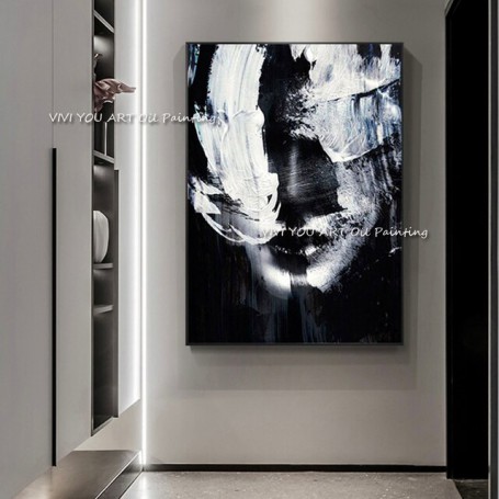 Hand-painted White and Black Figure Oil Painting on Canvas Modern Abstract Man Face Portrait Wall Painting for Living Room Decor