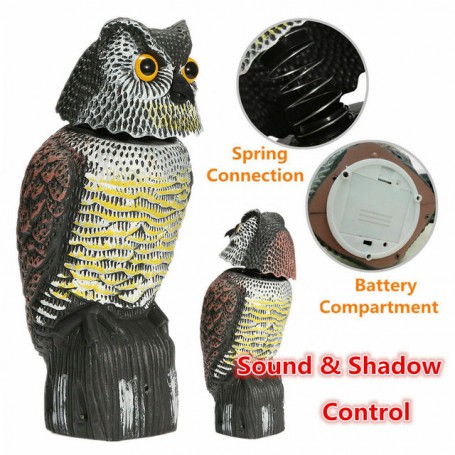 Fake Owl Decoy Plastic Owl Scarecrow Sculpture with Rotating Head and Sound for Garden Yard Bird Repellent Outdoor