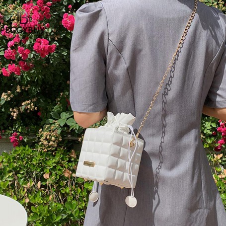 Box Shape PU Leather Crossbody Bags For Women Drawstring Candy Color Shoulder Handbags