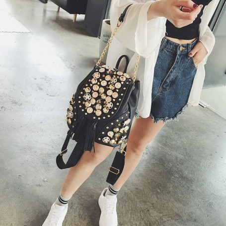 Women Single Shoulder Bag Fashion rivet button bucket chain bag Tassels Backpack