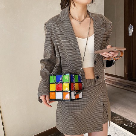 Small Handbags For Women Rubik's Cube Design Purse Square Mini With Metal Chain Leather Crossbody Bag