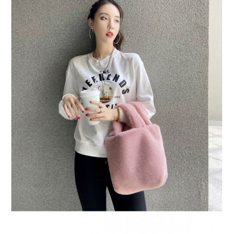 Women Soft Plush Hand Bag Solid Color Faux Fur Small Travel Bag Female Warm Fluffy Tote Bags