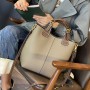 Texture Grey Hit Color Handle Tote Bucket Bag Cowhide Leather Women's Handbag