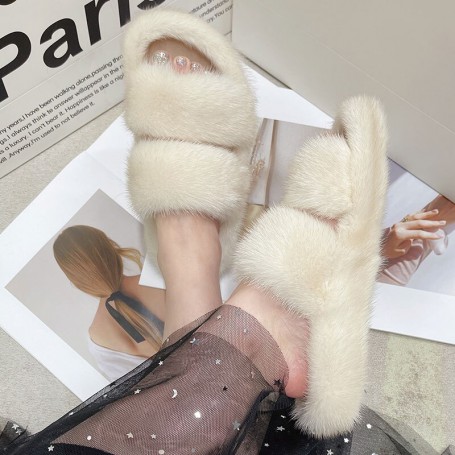 Mink Hair Slippers Flat Bottom Leisure Fur Home Slippers Women Wear