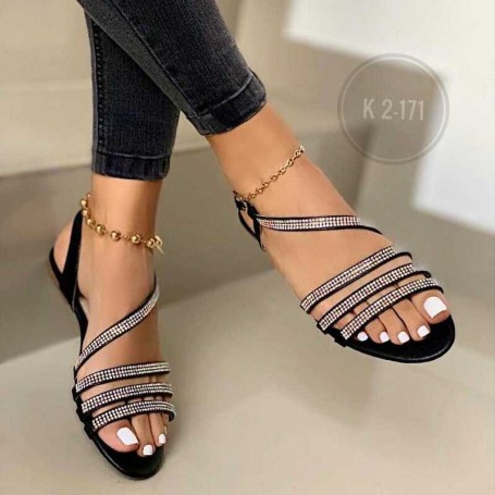 Women Buckle Flat Sandals Rhinestones Flip Flops Crystal