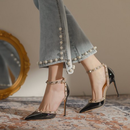 Genuine Leather Pointed Sexy Pumps Rivet High Heels Women Gladiator 10 cm