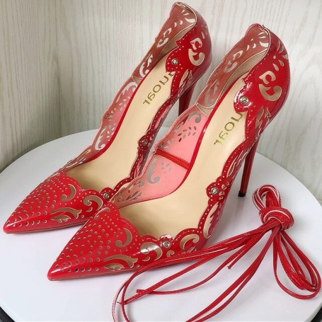 Elegant Ankle Cross Straps Red Green Champagne Color Sandals Women Hollow Out High Heels Sexy Pointed Toe Shoes C007A