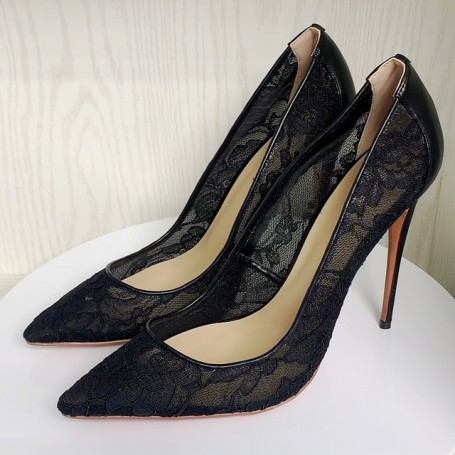 Black White Mesh Lace High Heels For Women Pointed Toe Pumps Sexy Woman Party Prom Shoes D017A