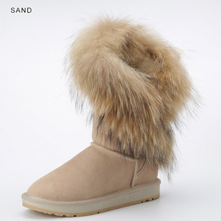 Women's Natural Fox Fur Snow Boots Real Cow Suede Leather