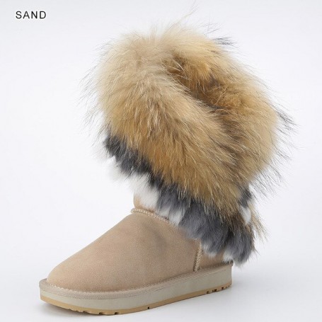 Women's Real Fox Fur Cow Suede Leather Snow Boots